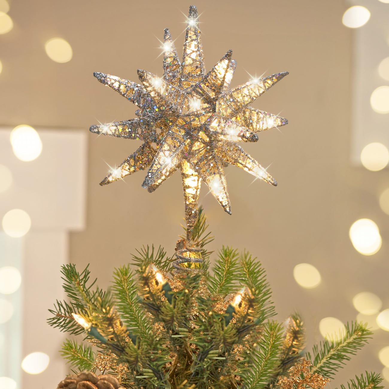 Photo 1 of Luxspire Christmas Tree Topper, 3D Star Lighted Tree Topper, Christmas Decorations, Plug in Christmas Tree Topper with Timer, Silver