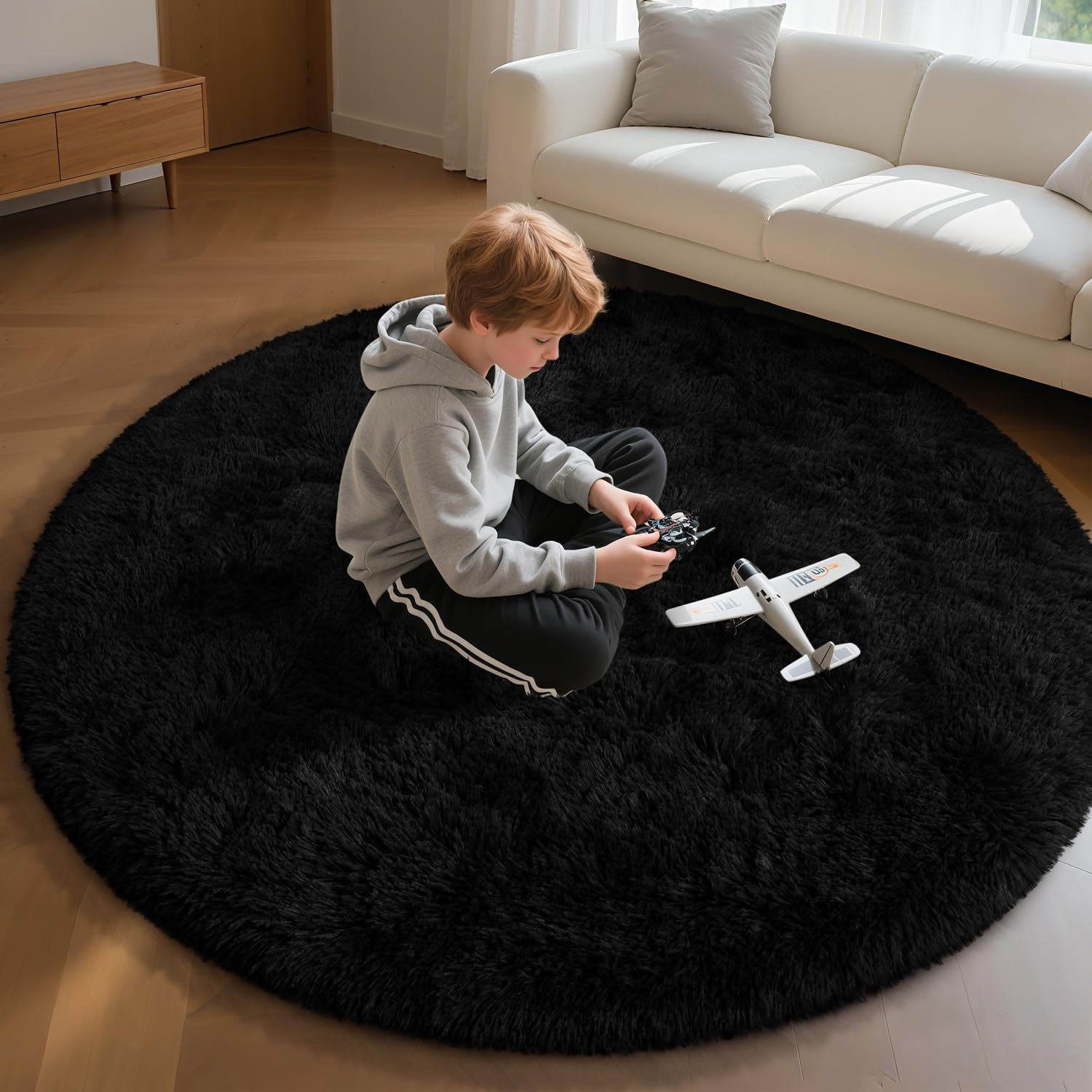 EVOIONOS Black Round Rug for Bedroom, 5x5 Ft Fluffy Soft Circle Area Rugs for Living Room, Plush Shaggy Circular Carpet for Indoor Floor Bedside Kids Nursery, Machine-Washable Home Decor Aesthetic Image