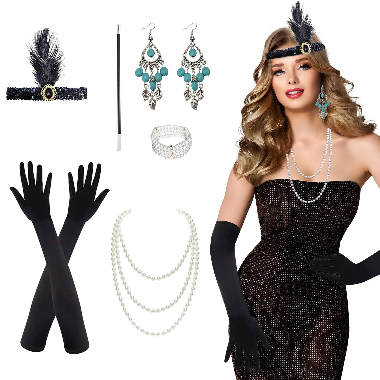 6Pcs 1920 Accessories Set, Fashion Flapper Costume Gatsby Accessories Fancy Dress for Women, with Headband Pearl Necklace Vintage Cigarette Holder Peacock Vintage Earrings Long Gloves Bracelet — image 1