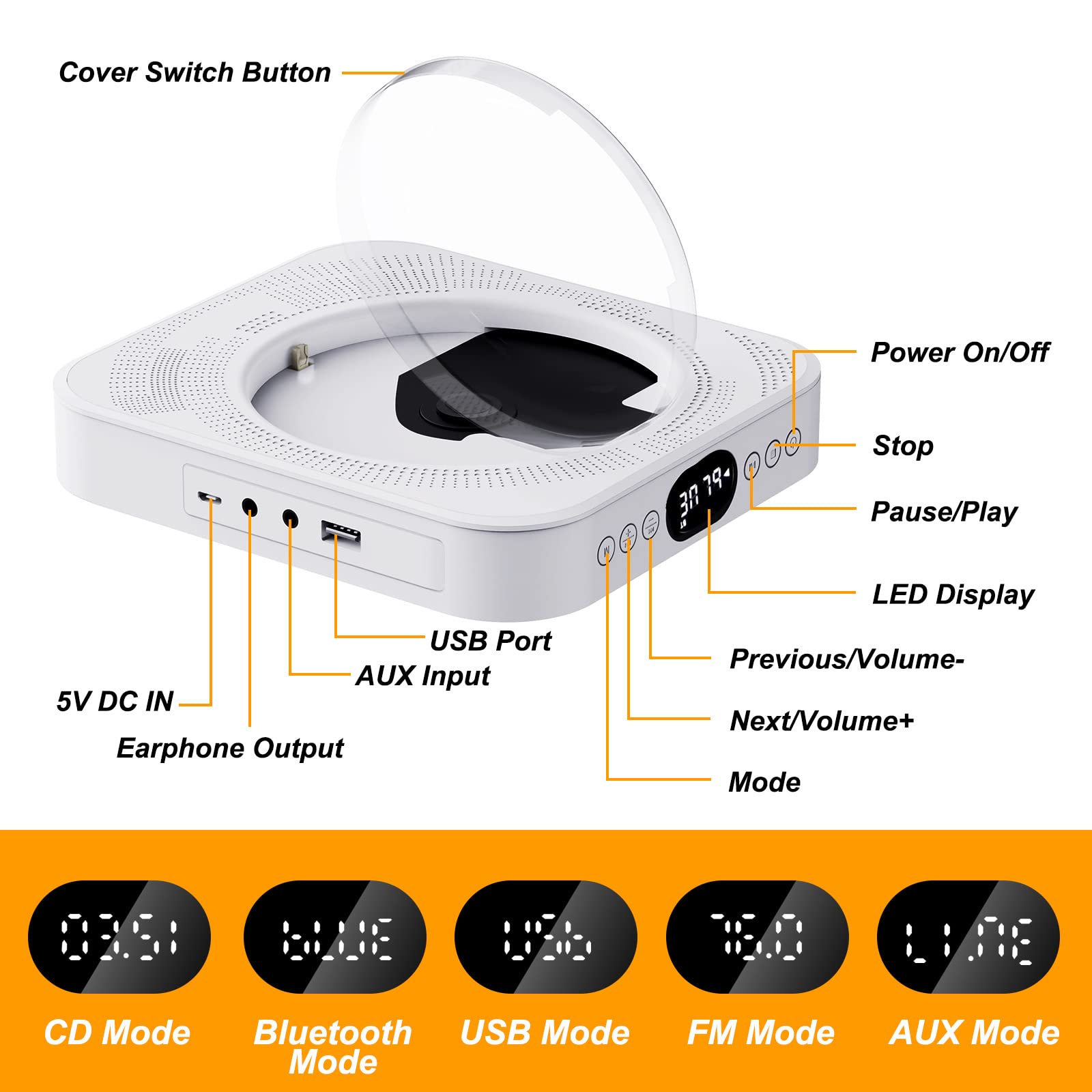 CD Player Bluetooth 5.0, Radio CD Player with HiFi Speaker, Portable CD Player for Home CD Music Player with Remote Control,Cute CD Player Audio Boombox with FM Radio USB/AUX Port