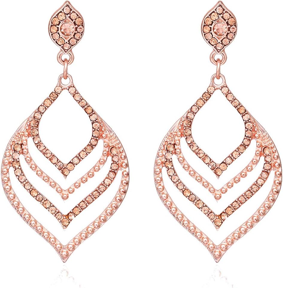 Women's Hollow out Diamond Leaf Shape Dangle Earrings Cutout Bohemian Teardrop Earrings Rhinestone Wedding Earrings（Rose Gold）