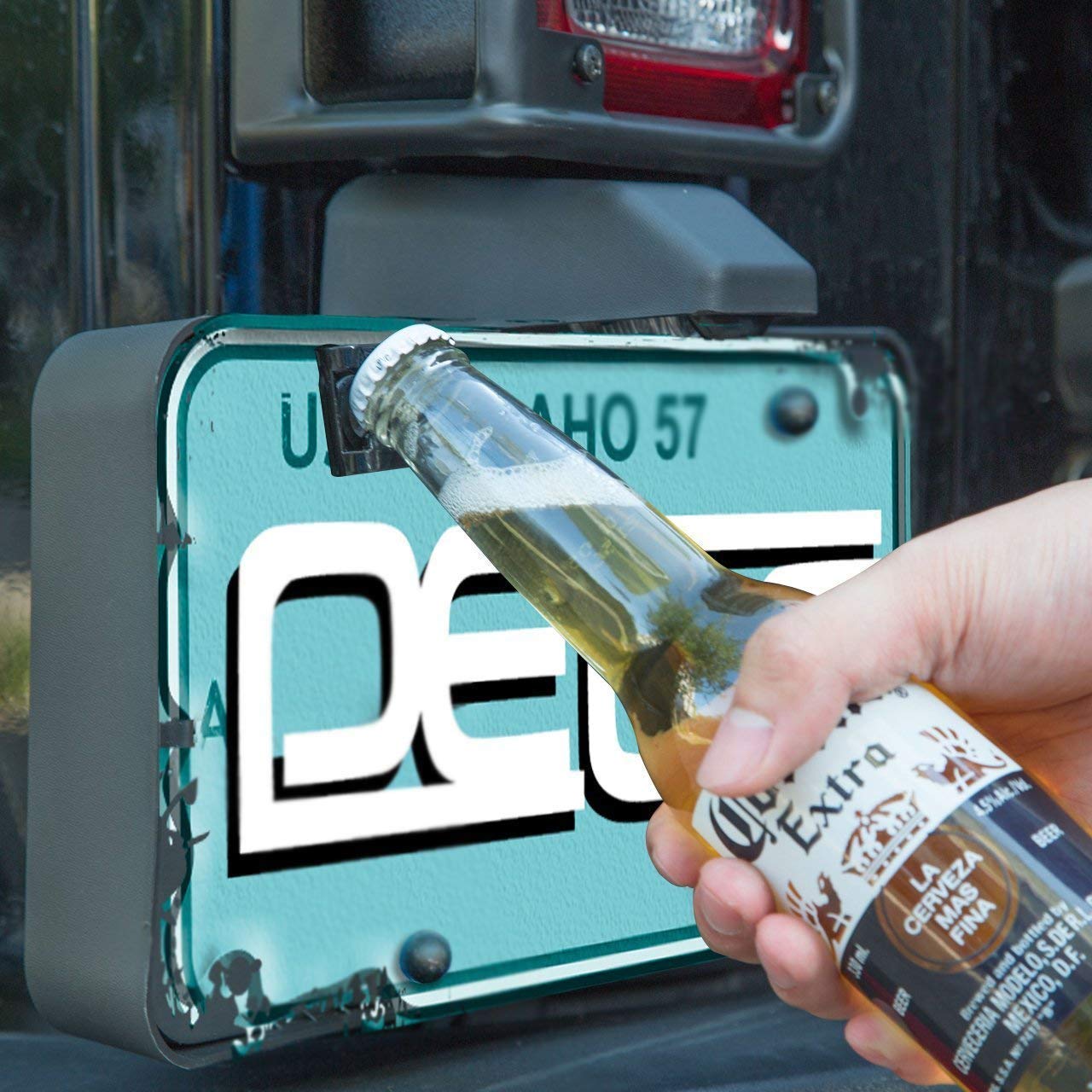 Photo 1 of Wanty Rear License Plate Mounted Bottle Opener Tailgate Accessory fits Jeep Wrangler JL, JK, JKU and TJ Models - Awesome for Tailgating and a Great Addition to Your Jeep Wrangler Accessories