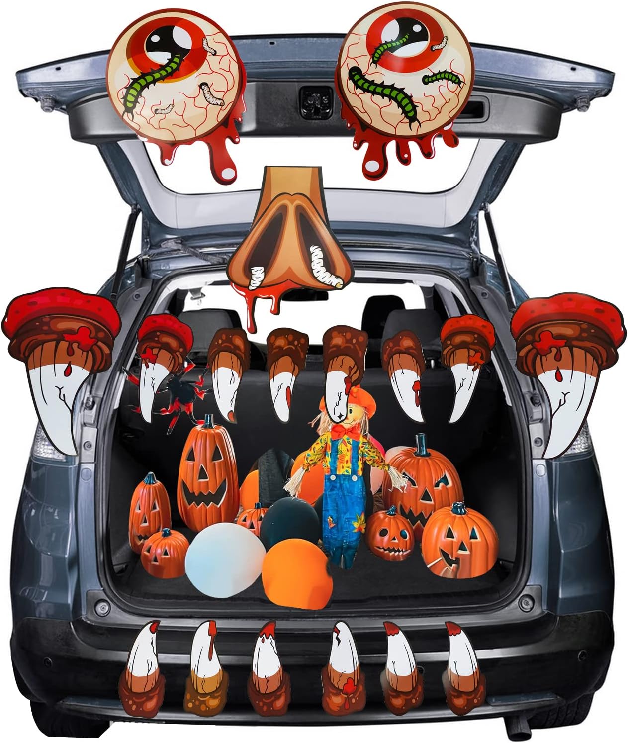 Garage Door Decorations - Hlimior 17PCS Halloween Trunk or Treat Car Decorations Kit, Monster with Large Eyes, Fangs, Scary Halloween Decorations for Garage Door, Archway, Haunted House, Monster Face Sticker with Adhesive Tape