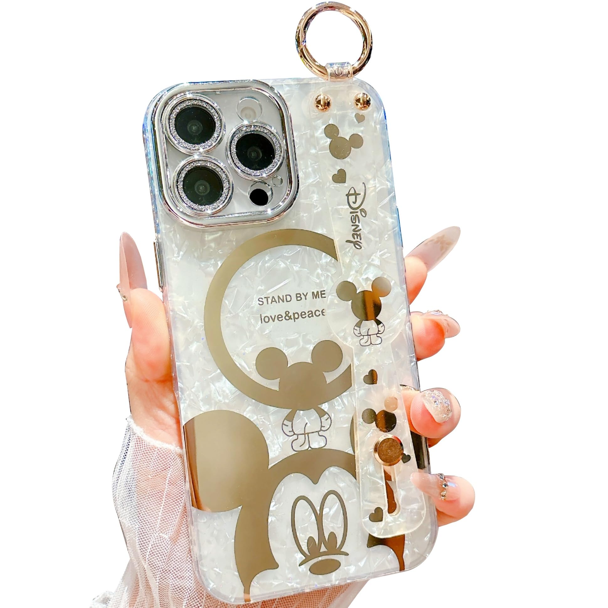AYABUCO for iPhone 13 Pro Case, Cute Cartoon Mouse Pattern with Wrist Strap Kickstand, Glitter Bling IMD Design, Soft TPU Shockproof Full-Body Protection, for Girls & Women