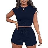 LovelyWholesale Short Sets for Women 2 Piece Summer Sets Cap Sleeve Crop Tops and Shorts Tracksuits Sets
