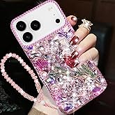 Changjia for iPhone 17 Pro Max Glitter Bling Case, Cute Luxury 3D Sparkle Rose Flowers Butterfly Crystal Rhinestones Diamond Pearl with Lanyard Wrist Strap Women Girls Case for iPhone 17 Pro Max, Pink