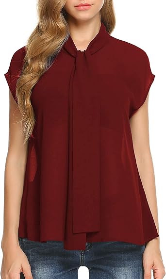 Concep Women S Tie Neck Blouse Cap Sleeve Chiffon Tops Casual Work Office Shirt S Xxl At Amazon Women S Clothing Store