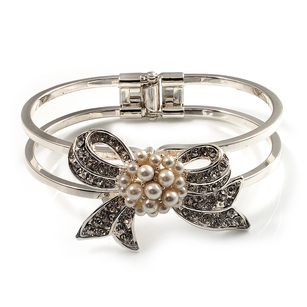 Avalaya Crystal Simulated Pearl Bow Hinged Bangle Bracelet/Rhodium Plated/Size M/L