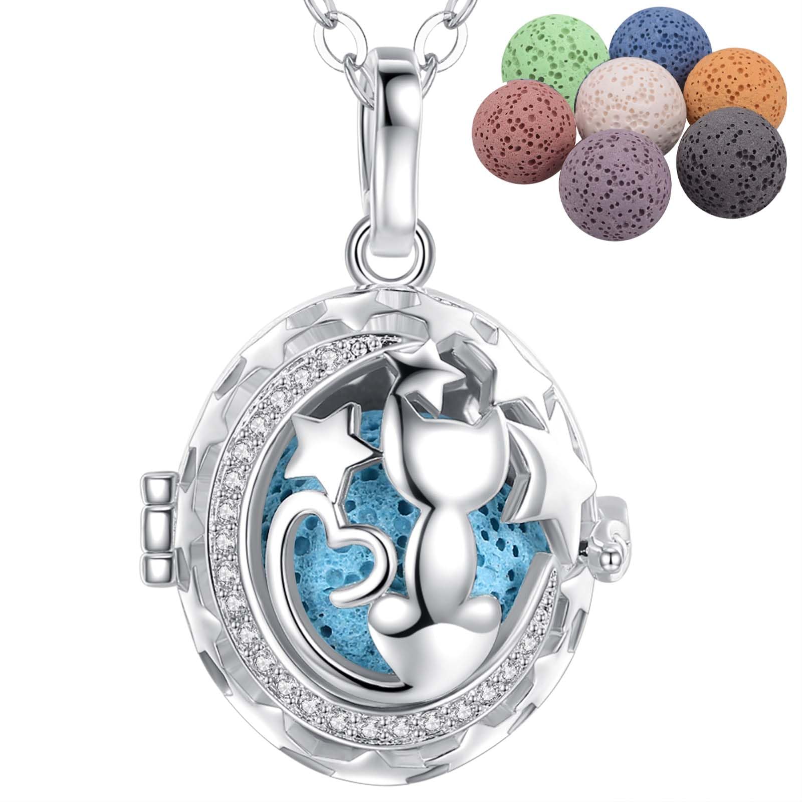 INFUSEU Aromatherapy Cat Necklace, Silver Plated Animal Pendant Essential Oil Diffuser Locket Jewelry Women Cubic Zirconia Necklace with 7 Lava Stone Beads & Chain 24" — image 1