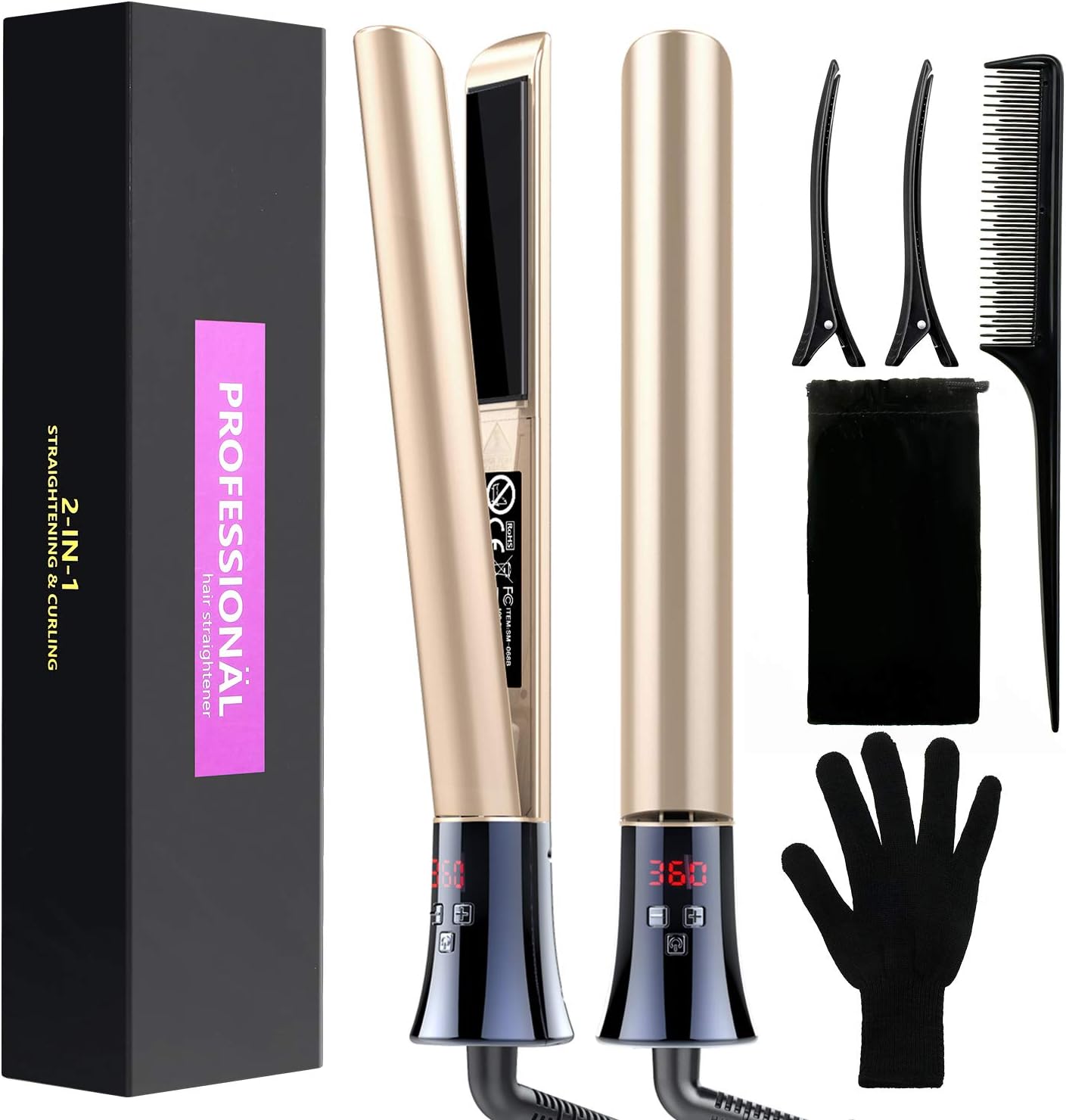 Professional Hair Straightener and Curler 2 in 1, PURKOO Flat Iron for Hair, 1 Inch 3D Floating Tourmaline Ceramic Titanium Plate Straightening Curling Iron with LCD Display Adjustable Temp 180-450℉: Health & Personal Care