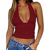 TiulZial Womens Backless Halter Tops Deep V Neck Sexy Crop Tank Top Open Back Sleeveless Slim Fit Y2k Summer Tops