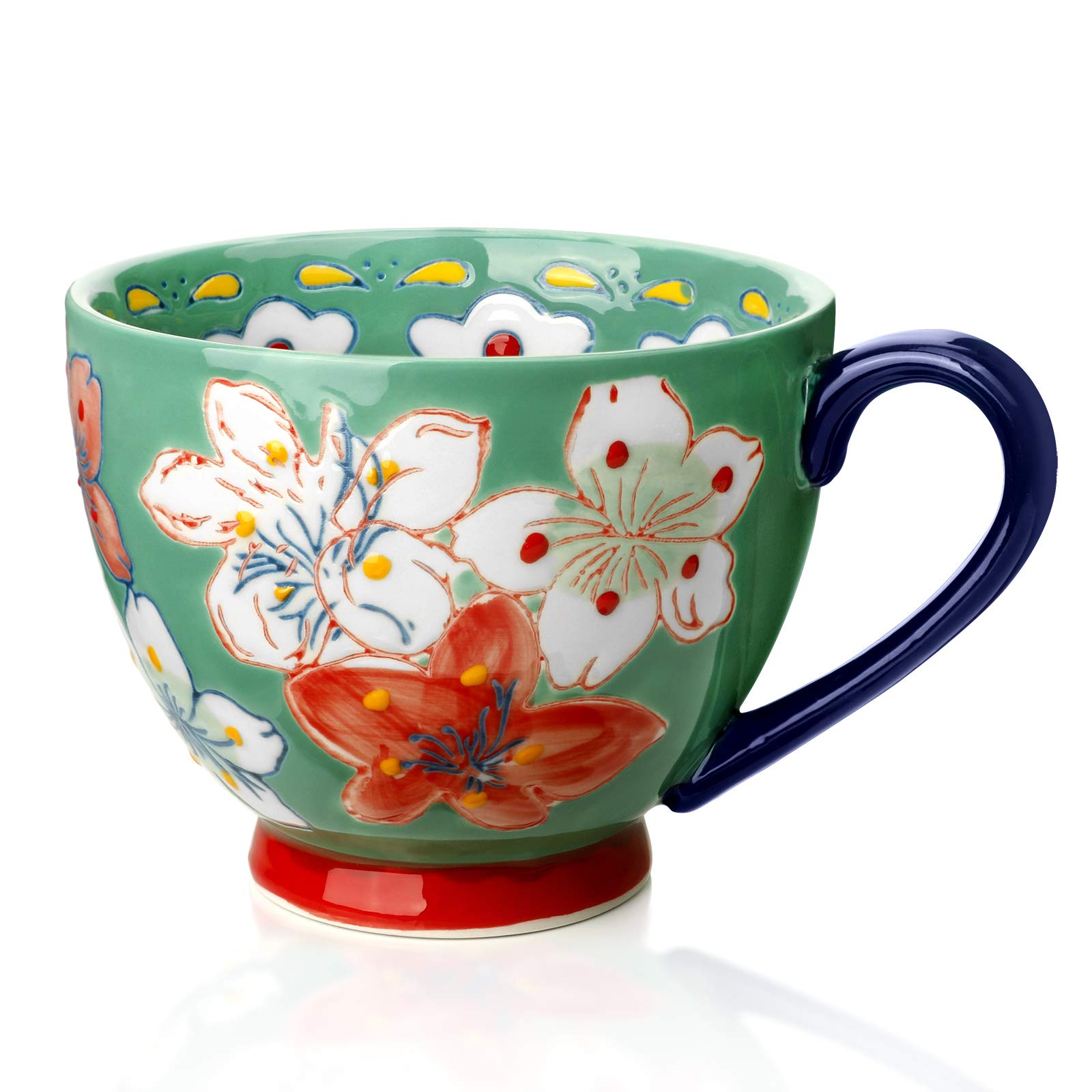 Ceramic Coffee Mug, Awanber Big Size Flower Hand Made Coffee Milk Tea Cup - Best Birthday Christmas Gifts for Women, Girls - Mother's Day Gifts for Mom, Wife, Daughter, Friend - Green