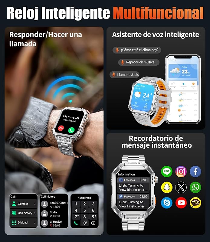 Reloj Inteligente Hombre con Gran Pantalla HD de 2,01" y 2 Correas, Llamadas Bluetooth, Frecuencia Cardíaca 24H, 120+ Modos Deportivos, IP68, Compatible con Android e iOS, EF2-M — foto 3 de 7