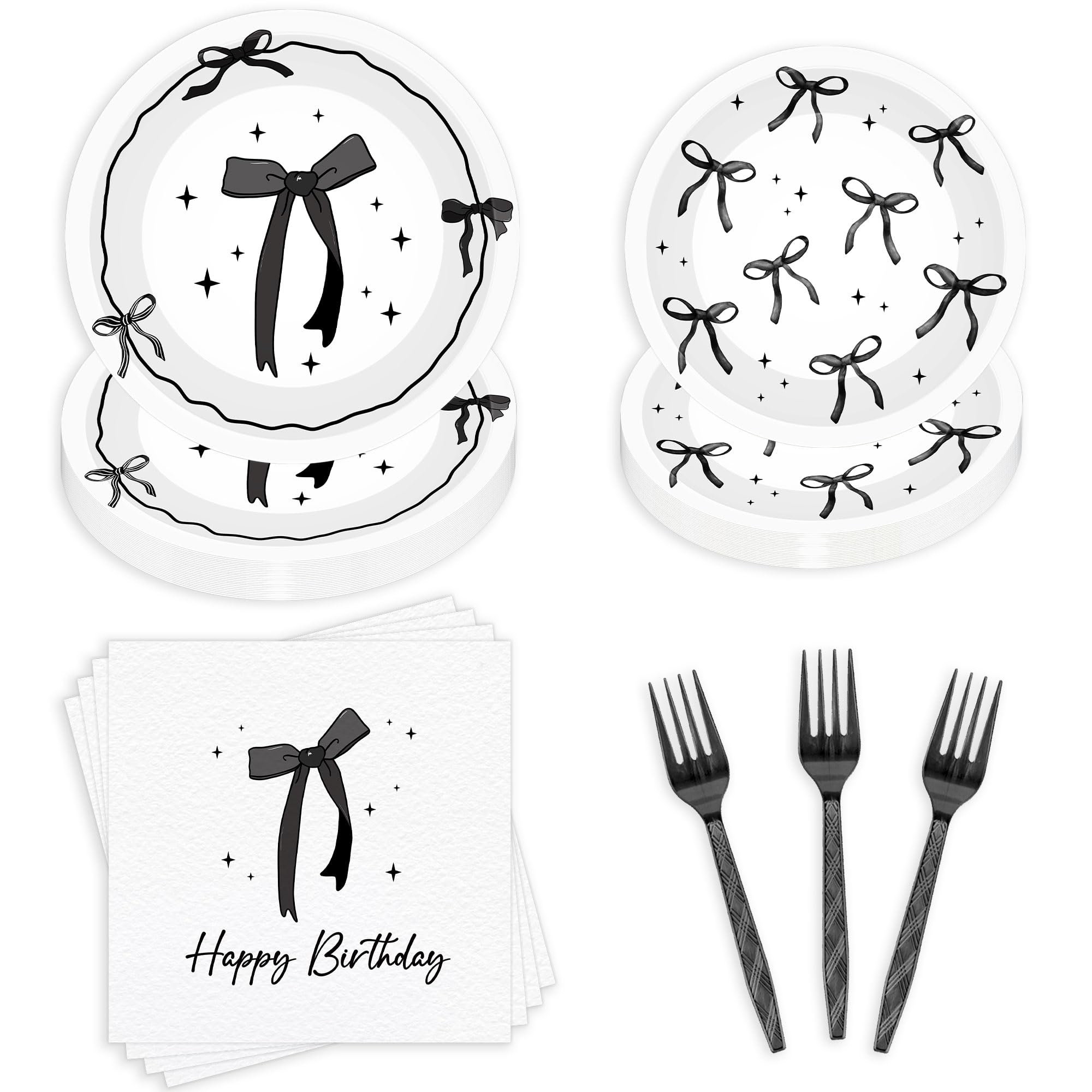 Photo 1 of  Bow Birthday Decorations, Black Bow Themed Tableware Set for 24 Guests with Plates, Birthday Party Supplies for Girls and Women