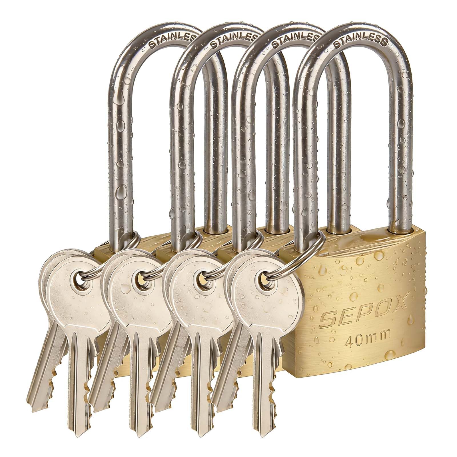 SEPOX® Marine Grade Outdoor Padlocks Keyed Alike, 40mm Heavy-Duty Solid Brass Lock Weather Proof, SUS304 Stainless Steel Long-Shackle, Rust Proof for Warehouse Garage Shed (23TKSBP40L4)