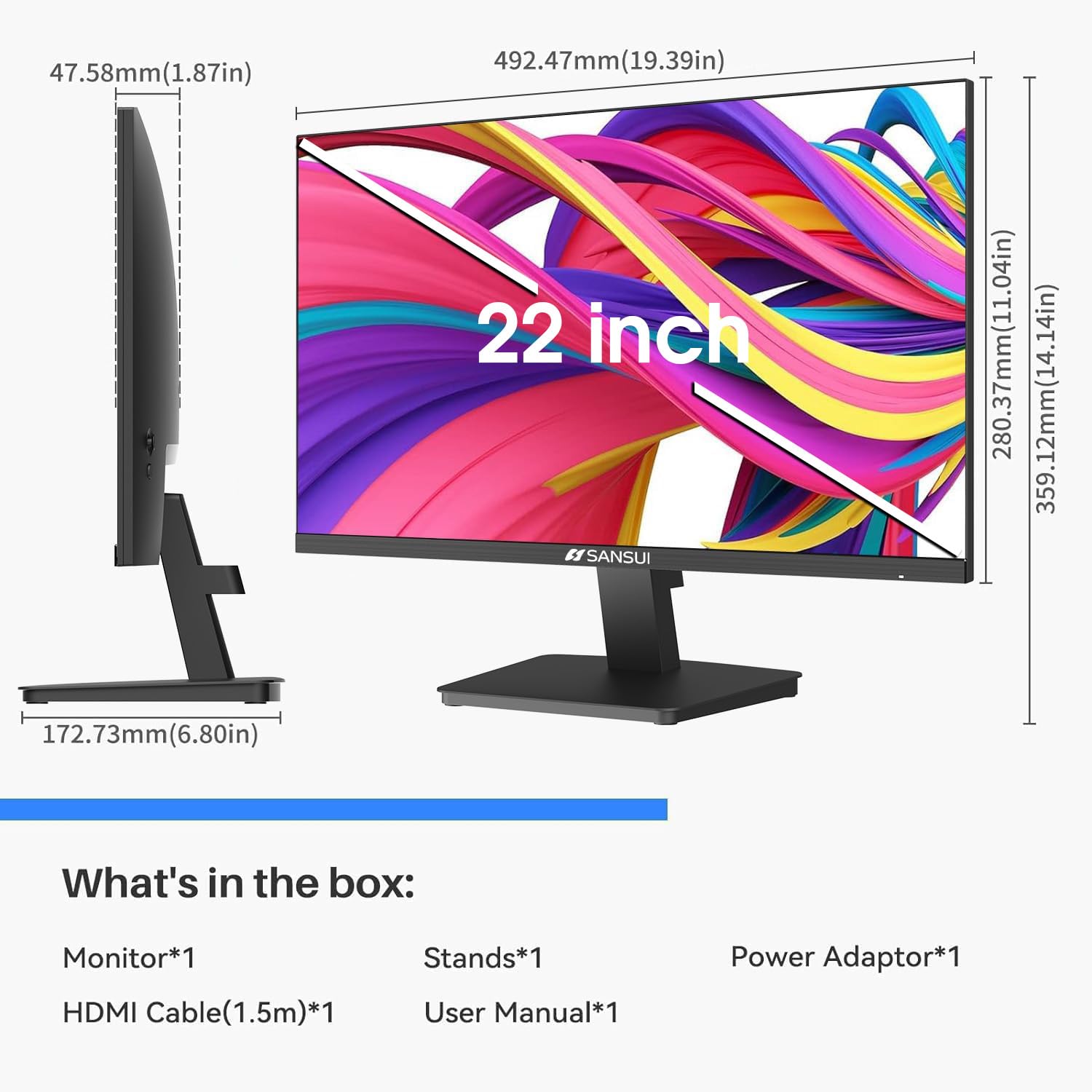 SANSUI Monitor 22 inch 1080p FHD 75Hz Computer Monitor with HDMI VGA, Ultra-Slim Bezel Ergonomic Tilt Eye Care LED Display for Home Office (ES-22F1 HDMI Cable Included)