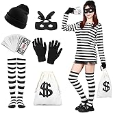 SERTAS Adult Halloween Robber Costume Set, Black and White Striped T-Shirt Thief Accessories,Men Halloween Cosplay Costume