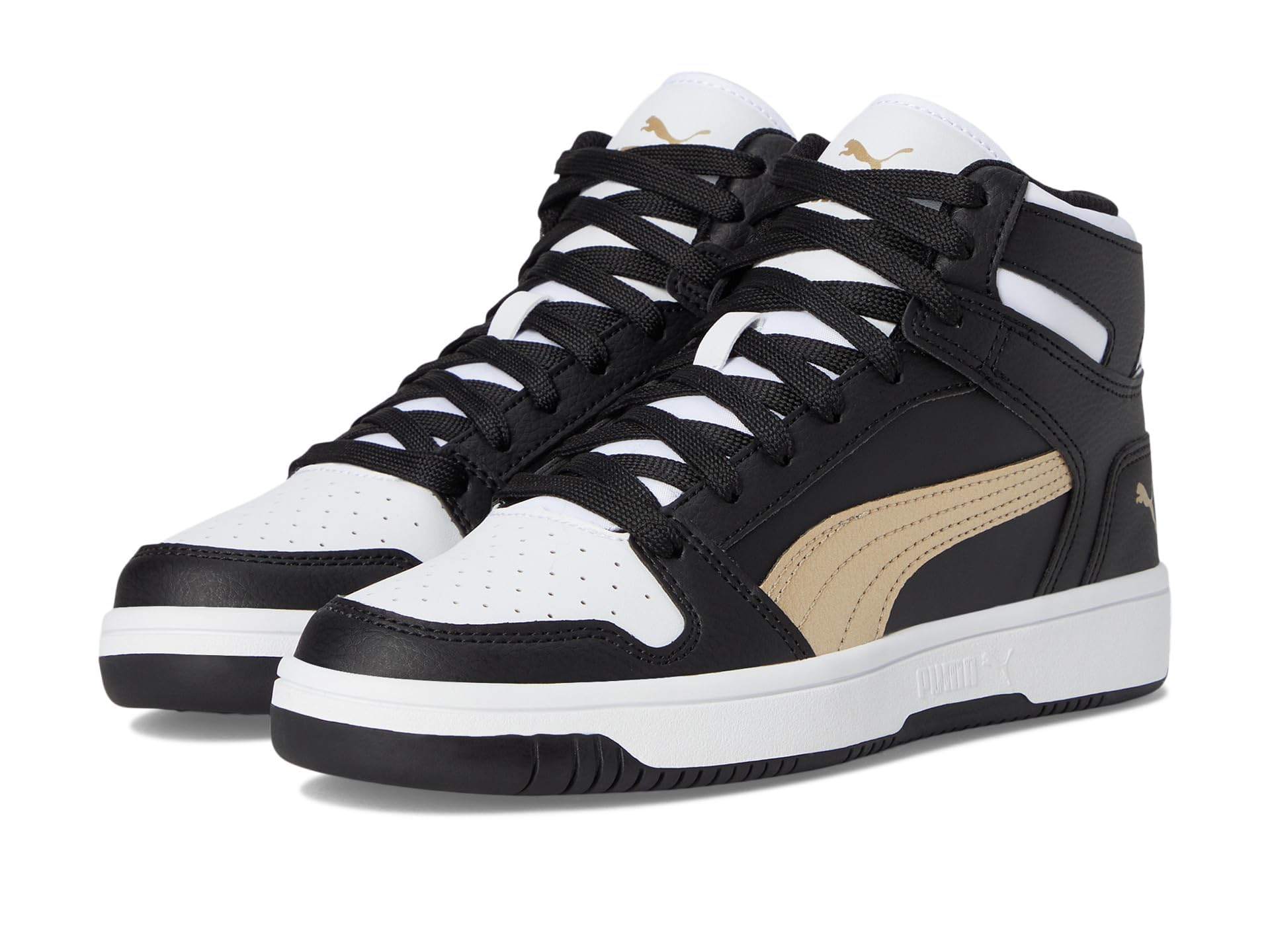 Puma, Unisex-Child, Rebound Layup Mid Hook and Loop, Puma Black-Puma Gold-Puma White, Big Kid 5.5 US Image