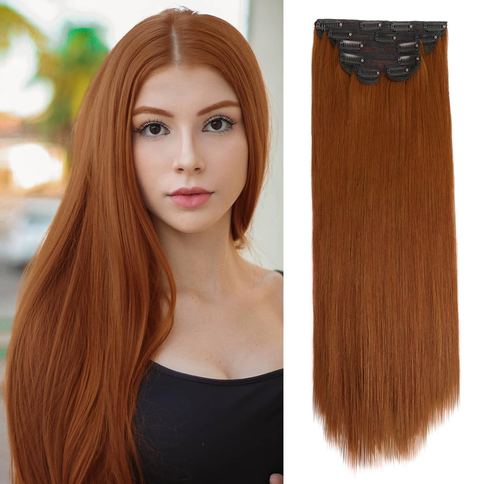 Photo 1 of WECAN Straight Clip in Hair Extension Auburn 22 Inch 6PCS Long Straight Hairpieces for Women Thick Synthetic Fiber Double Weft Hair Full Head