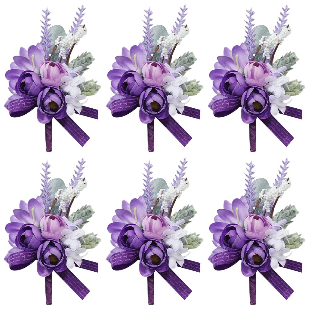 CRASPIRE Boutonnieres for Men Wedding Corsage Set of 6 Purple Rose Lavender Flowers Groom Boutonniere for Groom and Best Man for Wedding Party Prom Anniversary Bride Bridesmaid Groomsmen