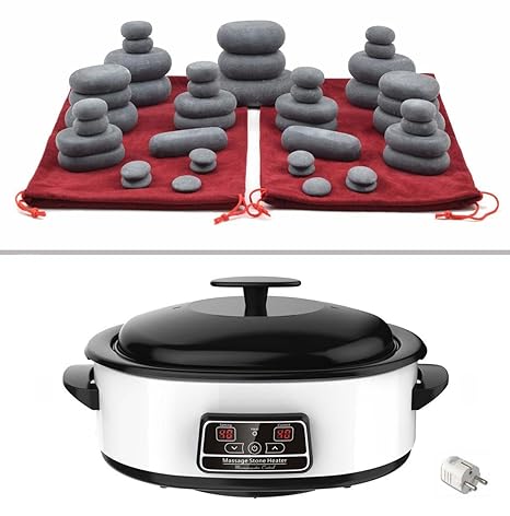 MassageMaster HOT STONE MASSAGE KIT: 45 Basalt Steine in 2 Kordelzugtaschen, Wärmegerät 6 Liter mit digital Temperaturanzeige