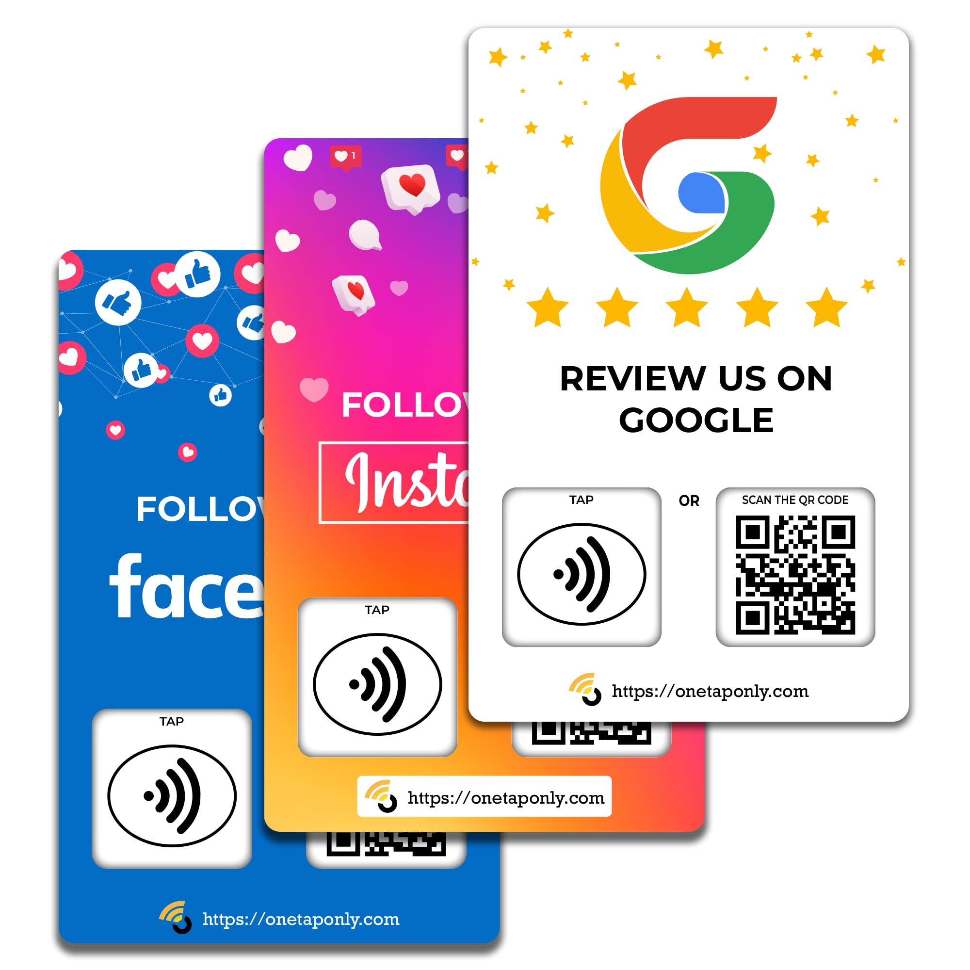 One Tap Only NFC Business Review Cards – Compatible with Google Reviews – Reusable Smart Tap & QR – Works with All Phones – Contactless Customer Feedback Tool (3-Pack Social Cards)