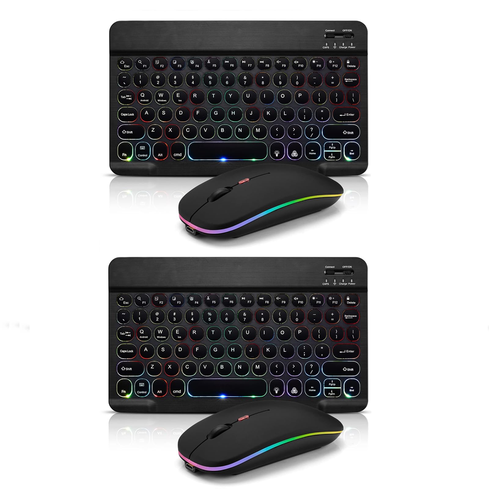 Photo 1 of 2 Pack Ultra-Slim Bluetooth Keyboard and Mouse Portable Rechargeable 7-Color Backlit for Apple iPad iPhone Samsung Tablet iPhone Smartphone iOS Android Windows Round Keys -Black