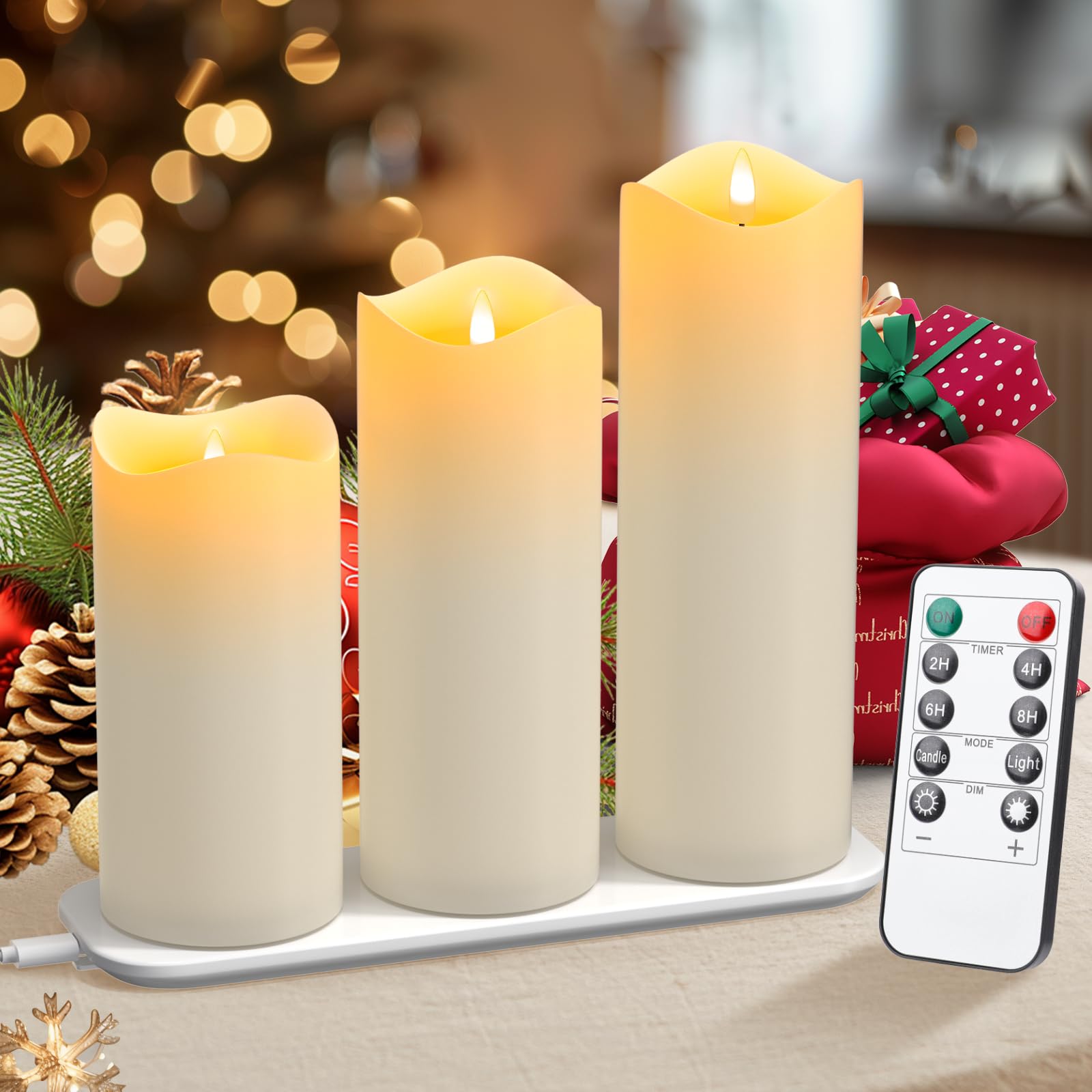 EXTSUD Set of 3 Rechargeable Real Wax LED Candles with Flickering Flame, Remote Control and Charging Station, Perfect for Weddings, Parties, and Home Decor, White