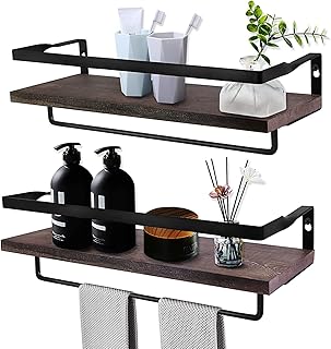 Vsadey Schweberegal Wandregal Hängeregal Vintage Holz Wandmontierte Schwebende Regale mit Handtuchhalter für Küche Badezimmer Flur, 2 Stück (Dunkelbraun)