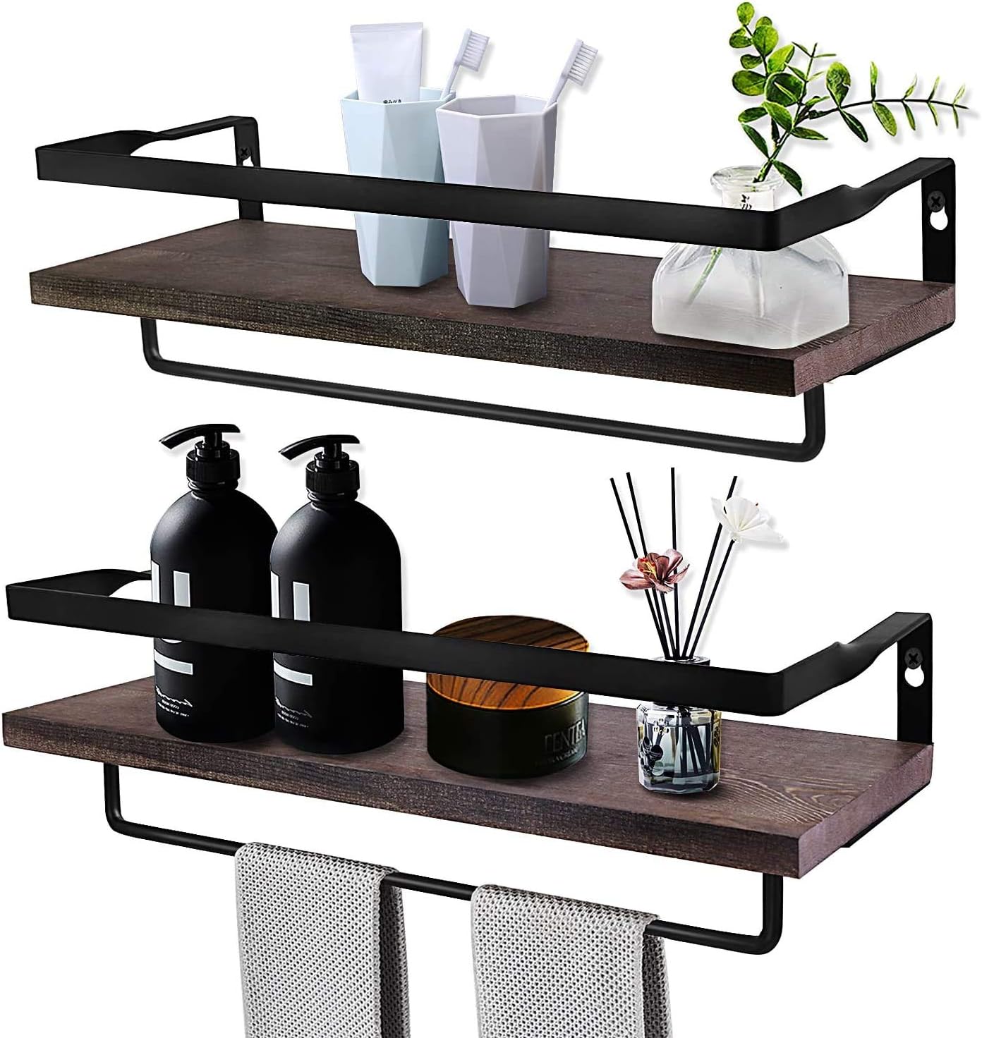Vsadey Schweberegal Wandregal Hängeregal Vintage Holz Wandmontierte Schwebende Regale mit Handtuchhalter für Küche Badezimmer Flur, 2 Stück (Dunkelbraun)