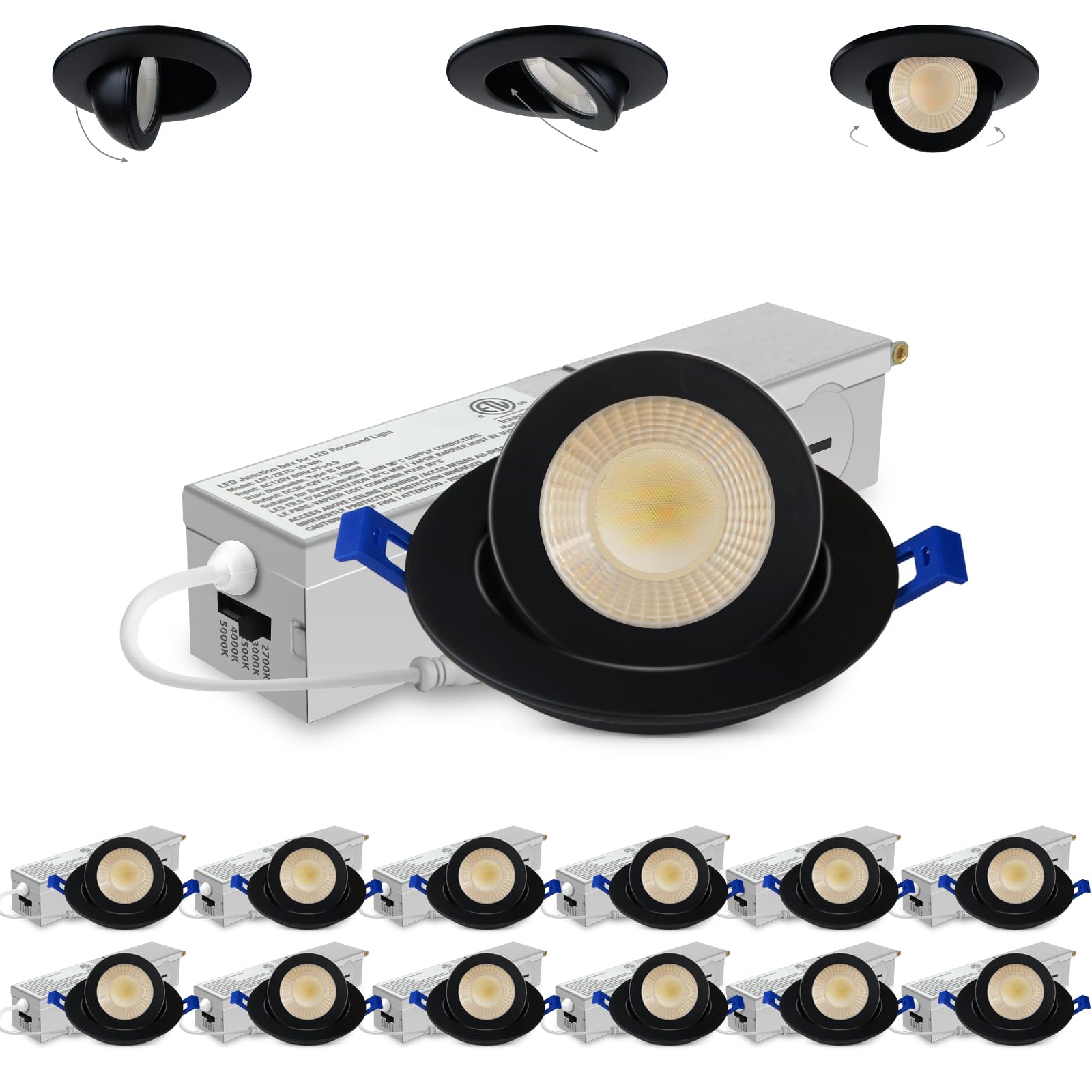 Photo 1 of Adetu 2 Inch 5CCT Gimbal Black Led Recessed Lighting with Junction Box, 360°+90° Adjustable Led Recessed Lights, 2700K/3000K/3500K/4000K/5000K, 5W Eqv 50W, 550LM Brightness - ETL (Black, 12 Pack)