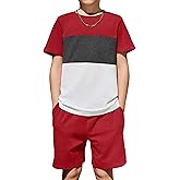 Arshiner Boys' 2-Piece Cotton Outfit Color Block T-Shirt and Shorts Set Casual Summer Clothes for Kids 6-14 Years