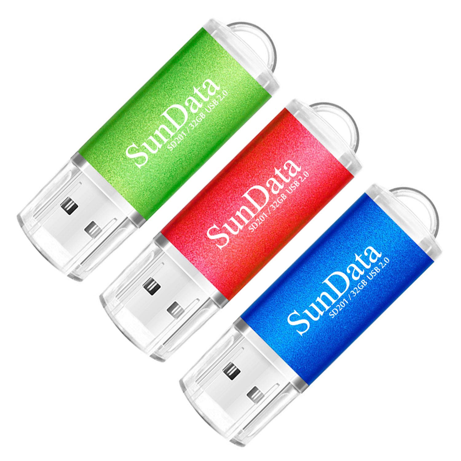 SunData 32GB USB Flash Drive 3Pack 32GB USB 2.0 Memory Stick Thumb Drives Pen Drive USB Stick for Data Storage with LED Light(3 Colors: Blue Green Red)