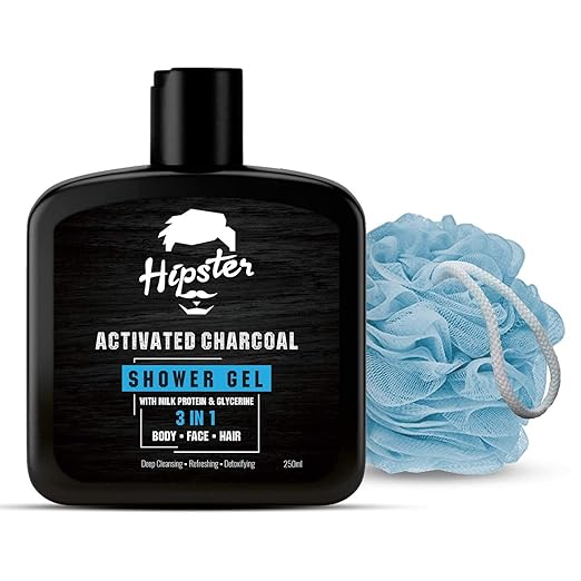Hipster Activated Charcoal 3 in 1 Shower Gel | Face, Hair and Body Wash | Milk Protein And Glycerin | Deep Cleansing and Refreshing - 250 ML (Free Loofah)