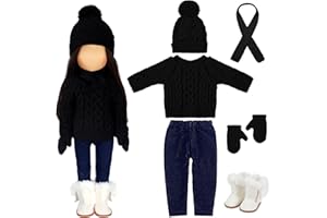 Bencailor 6 Pcs Christmas 18 Inch Doll Clothes and Accessories Winter Outfits Set Sweaters Trousers Hats Shoes for 18 Inch Doll Gifts(Black,Charming)