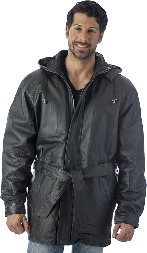 Men's Hooded Parka Leather Jacket with ZipOut Hood (4X) Black at