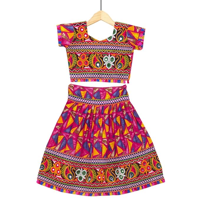 Banjara By Hopscotch Girls 100% Cotton Kutchi Embroidered Chaniya Choli in Red Color