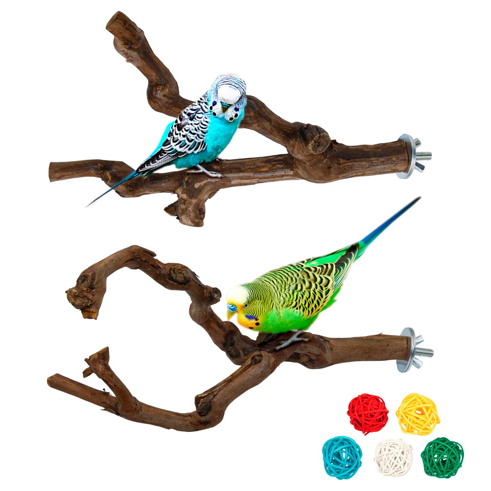 Set of 2 Natural Perches for Birds, Wild Grape Wood Perches for Bird Cages, Bird Grinding Claws, Climbing, Standing Bird Cage Accessories for Budgies, Cockatiels, Canary (Style 1)