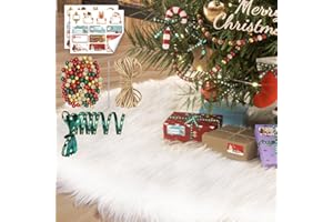 GYREUNI 48Inch Christmas Tree Skirt Sets,Thickened Faux Fur Large White Christmas Tree Skirt for Christmas Decoration Come with Silk Ribbon,Hemp Rope,Wooden Beads & Beaded Needle,Gift Stickers