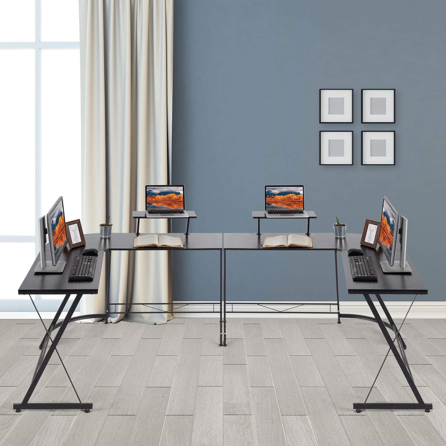 SERWALL L-Shaped Corner Desk 50.8" Computer Gaming Desk PC Table with Monitor Stand, Home Office Writing Workstation with Small Table, Space Saving- Brown: Kitchen & Dining