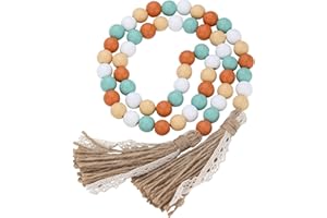 SFONI Fall Decorations Harvest Wood Bead Garland with Tassel, Home Farmhouse Tiered Tray Decor with Jute Rope Plaid Tassel Rustic Fall Décor for Mantle Porch Door Shelf Orange White Rae Dunn Autumn Beads
