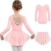 Arshiner Girls Ballet Leotards with Chiffon Dance Skirt Long Sleeve Crisscross Back Toddler Dance Outfit Combo