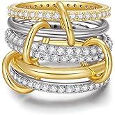 TLY Gold Silver Stackable Rings for Women Mixed Metal Interlocked Statement Ring Stack 14K Gold Plated Cubic Zirconia Fashion Two Tone Connected Bands Size 4-11 Valentines Day Jewelry gifts