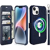 VANAVAGY Compatible for iPhone 14/13 Wallet Case for Magsafe Wireless Charging, PU Leather Flip Folio Phone Cover with Wrist Strap RFID Blocking Card Holder Screen Protector,Navy Blue