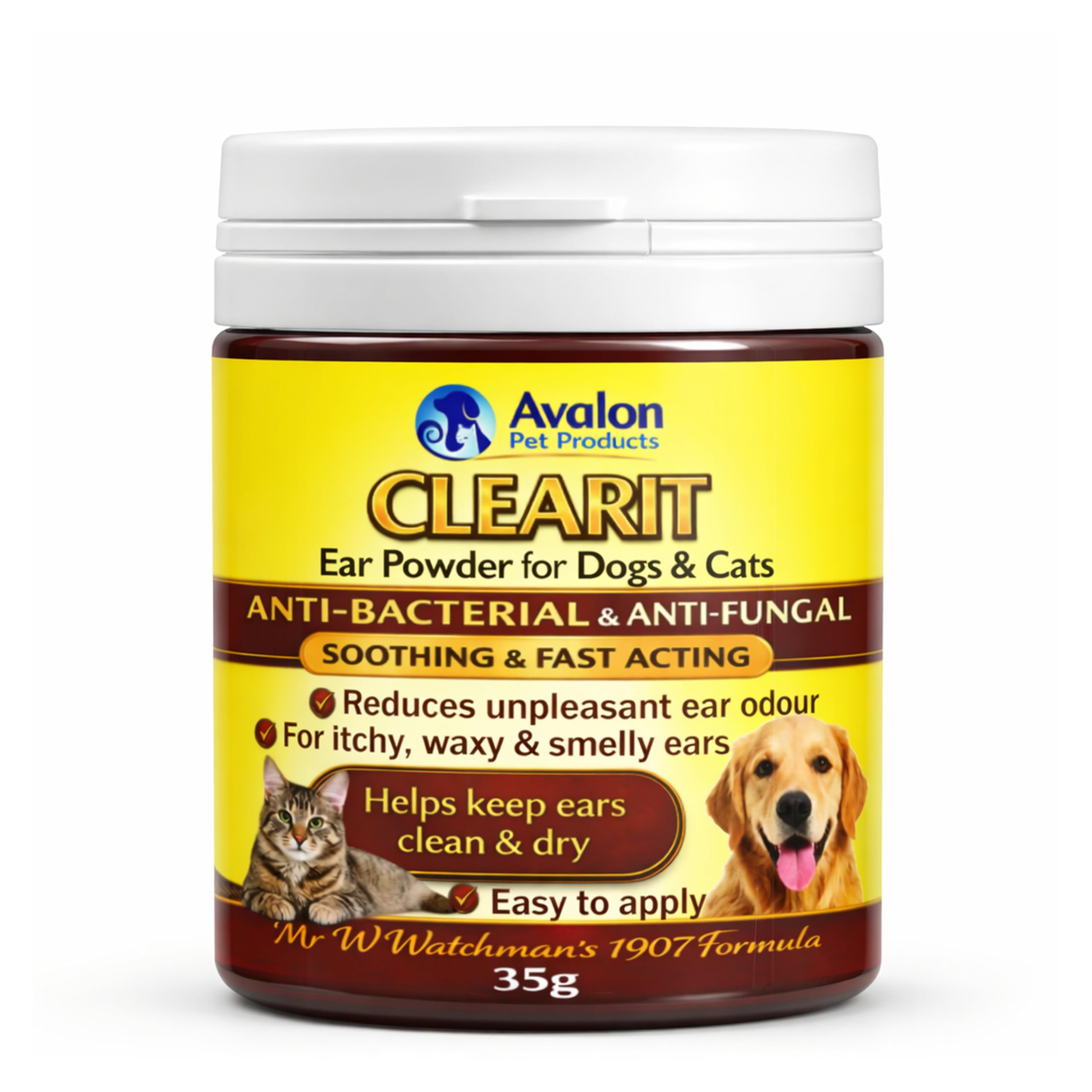 Avalon Pet Products CLEARIT 35G Ear Powder for Dogs & Cats – Anti Bacterial & Anti Fungal Powder – Supports Yeast Control, Itching, Wax Build-Up & Odour - Helps Keep Ears Dry, Fresh & Comfortable