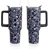 Aokoyi 40oz Halloween Gothic Tumbler with Handle and Straw, Goth Skull Stainless Steel Insulated Cup Water Bottle, Halloween Holiday Gifts for Women Men (1PC)