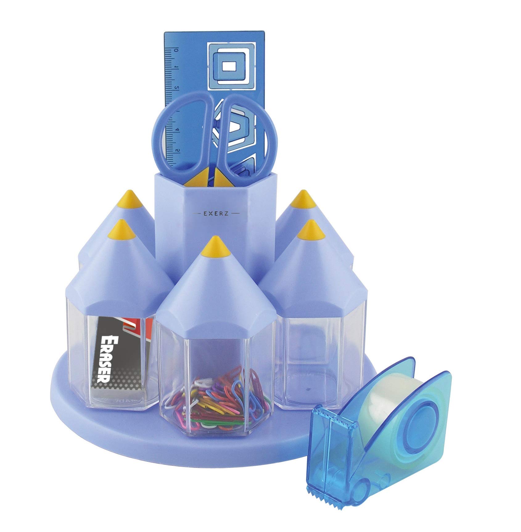 EXERZ Rotating Desk Organiser, Pen Holder Desk Tidy, Filled with Accessories (Blue)