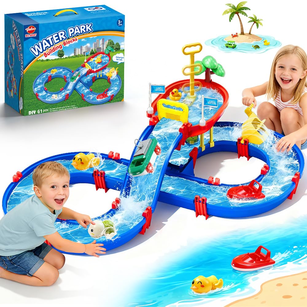 VATOS 2-Tier Outdoor Water Table Toys for Kids, 61PCS DIY Summer Waterways Playset with Pump, Toddler Water Park Toys for Pool Backyard Beach, Sensory Activity Fun Toy Gift for Boys Girls 3-5 4-8