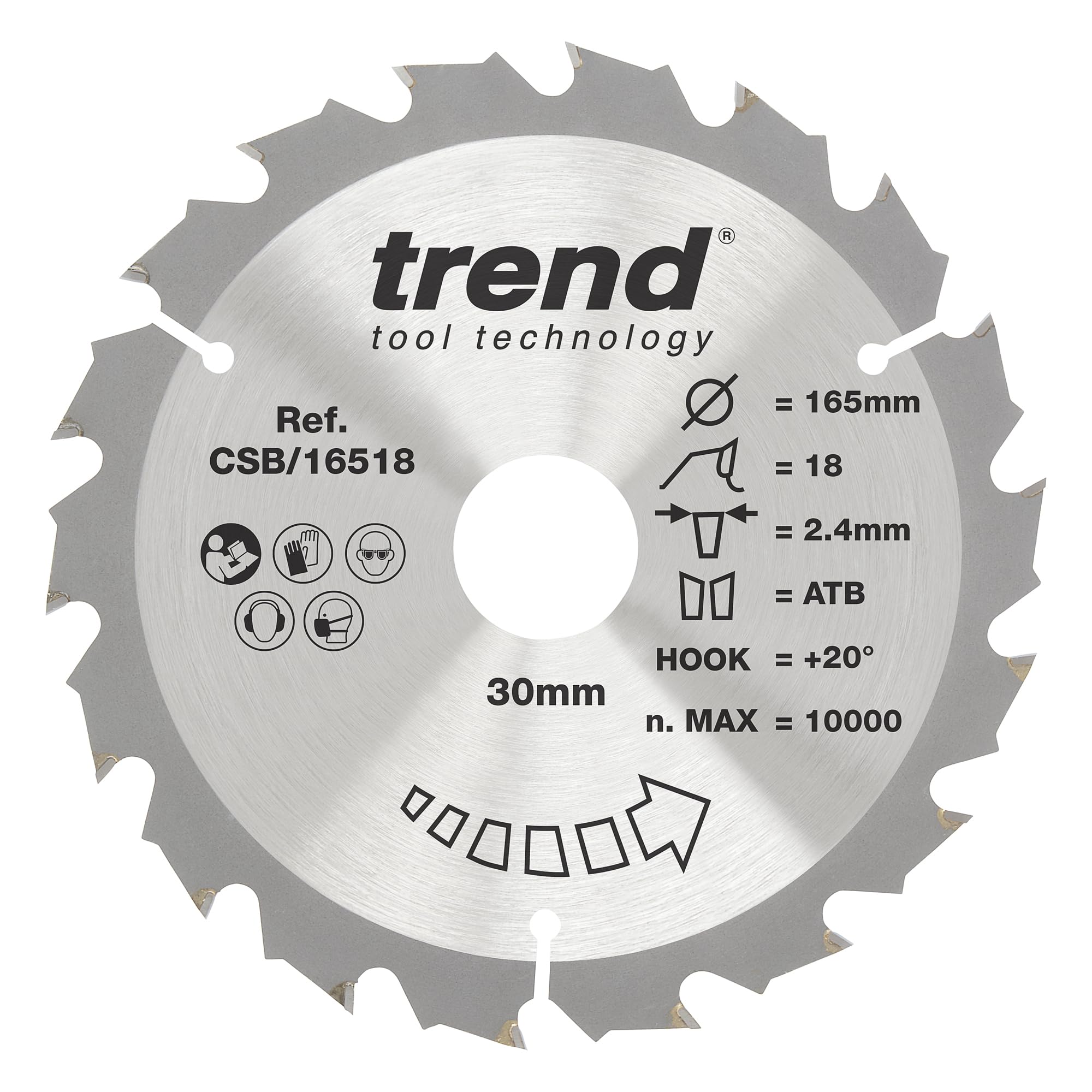 Trend Wood Circular Saw Blade, 165mm Diameter, 30mm Bore, 18 Teeth, 2.4mm Kerf, +20° Hook, TCT, Coarse Finish, CSB/16518
