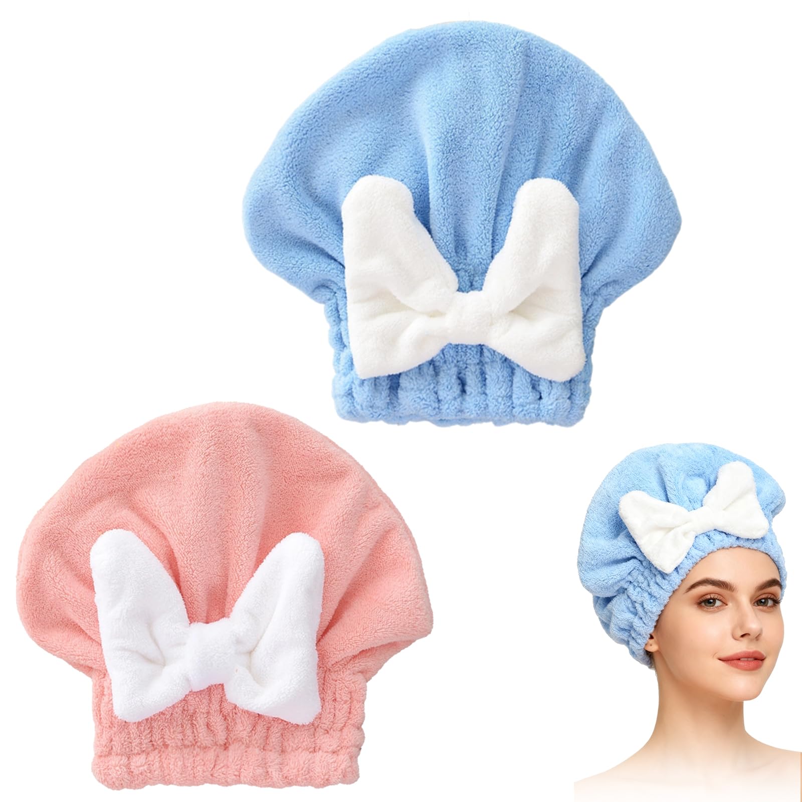 Photo 1 of 2Pcs Super Absorbent Hair Towel Wrap for Wet Hair, Microfiber Hair Towel Wrap Quick-Drying Thickened Hair Towels, Soft Bow Tie Wet Hair Towels Wrap for Women Girls (Pink+Blue)
